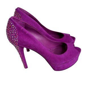 Brian Atwood Purple Suede Peep-Toe Platform Heels Rhinestone Stiletto Size 8